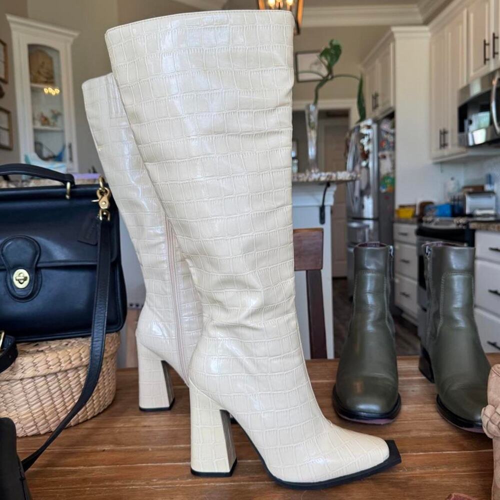 70s inspired Olene Ivory Croc Embossed Faux Leather Knee High Boots